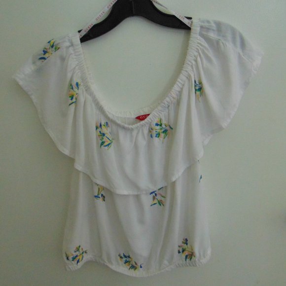 Guess Women’s Y2K Prairie Off Shoulder Ruffle Sleeveless Gauzy Top Floral L - Picture 3 of 7